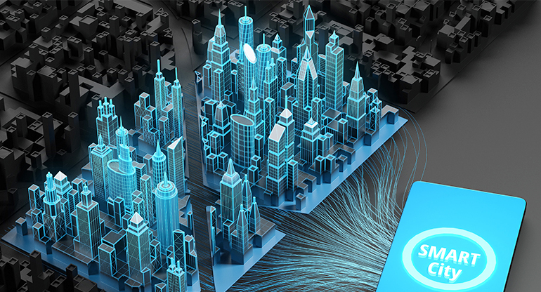 CGI city skyline with smart city AI powering it 