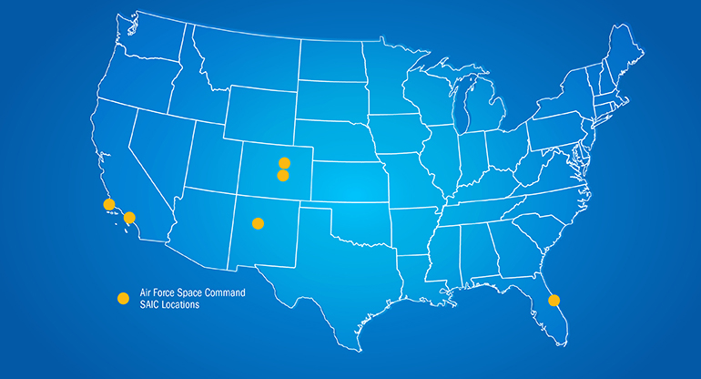 A map of the United States, showing SAIC Space Command locations in Virginia, Kansas, Colorado, New Mexico, and California. 